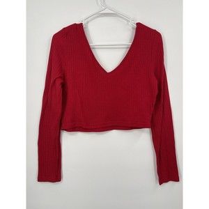 SHEIN - Ribbed‎ Long Sleeve Crop Top V Neck Red - Size XL